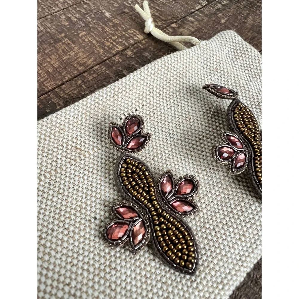 Sparkling Beaded Drop Earrings with Pink‎ Gemstones Boho Statement Jewelry